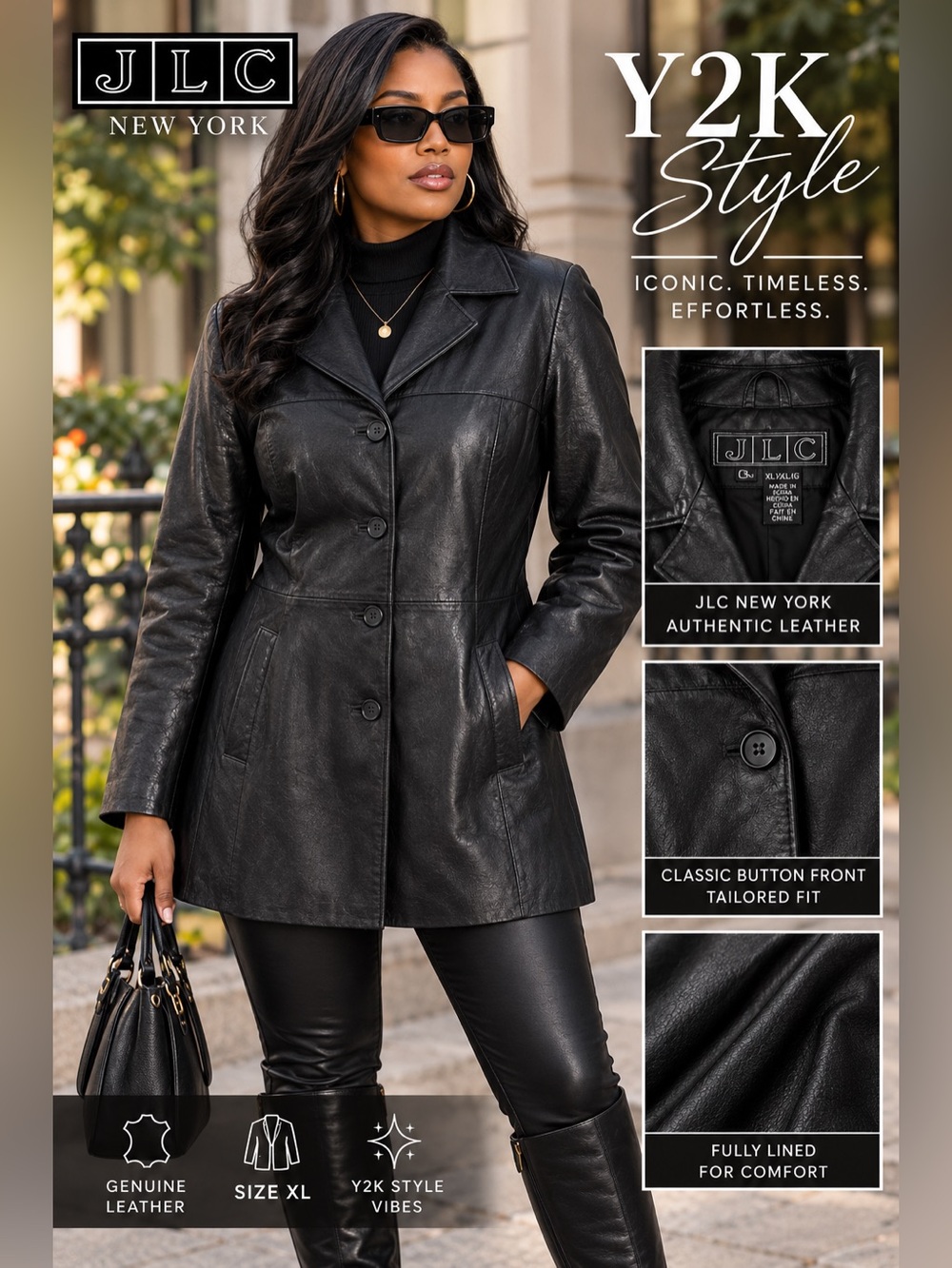 Women's Black JLC New York Y2K Genuine Leather Jacket Sz XL